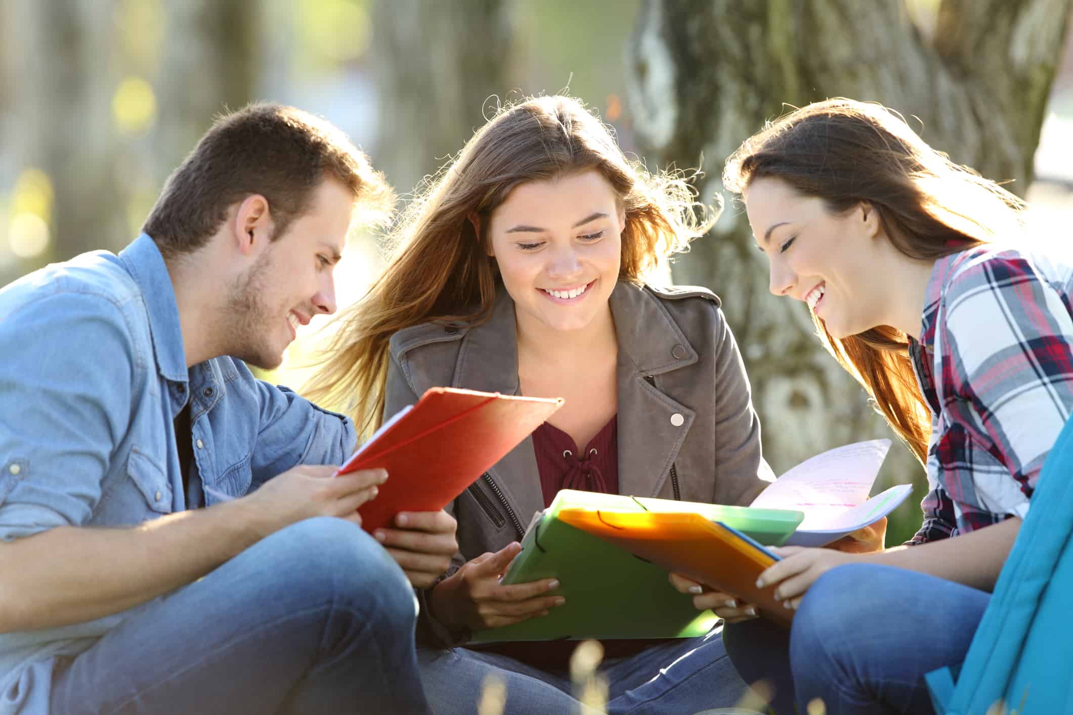 Three students learning reading notes together sitting on the grass in a park