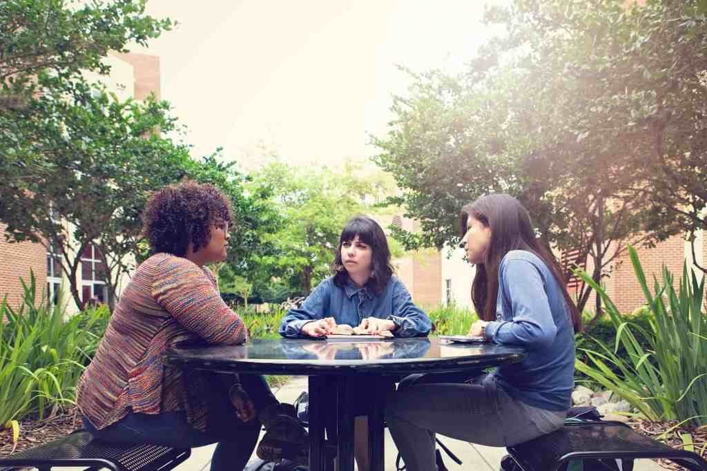 Group Discussing the Bible on a College Campus 01